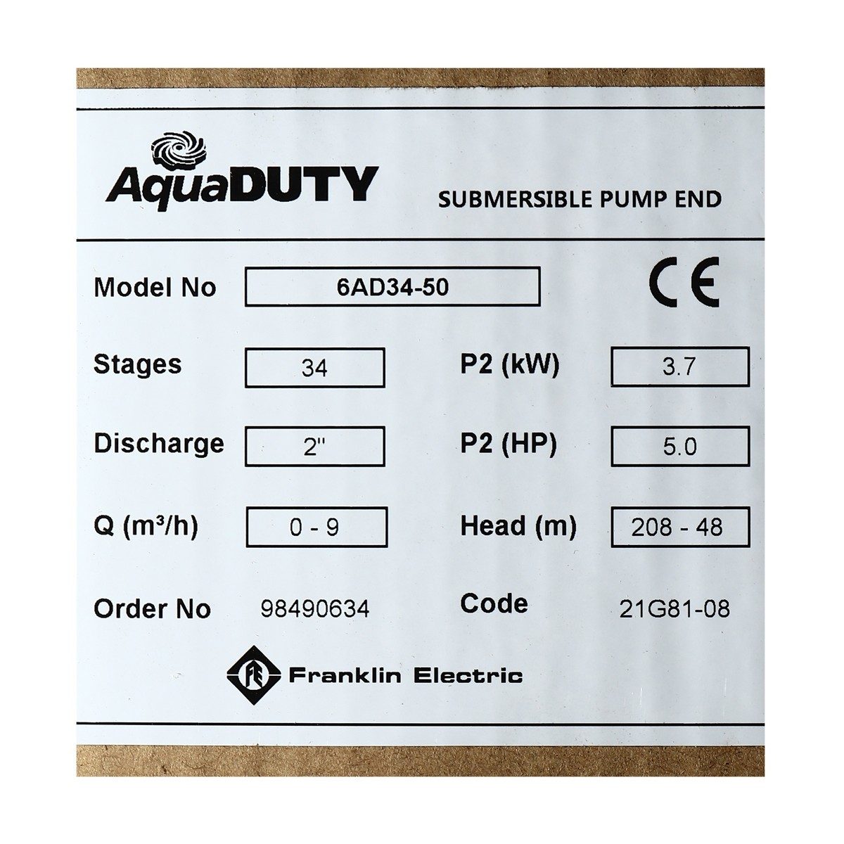 FRANKLIN เฉพาะหัวปั๊มบ่อบาดาล 4 นิ้ว 34 ใบพัด รุ่น 6AD34-50 มอเตอร์ 5 แรงม้า ท่อส่ง 2 นิ้ว ส่งสูง 143-48 เมตร ปริมาณน้ำ 90-150 ลิตร/นาที ไม่