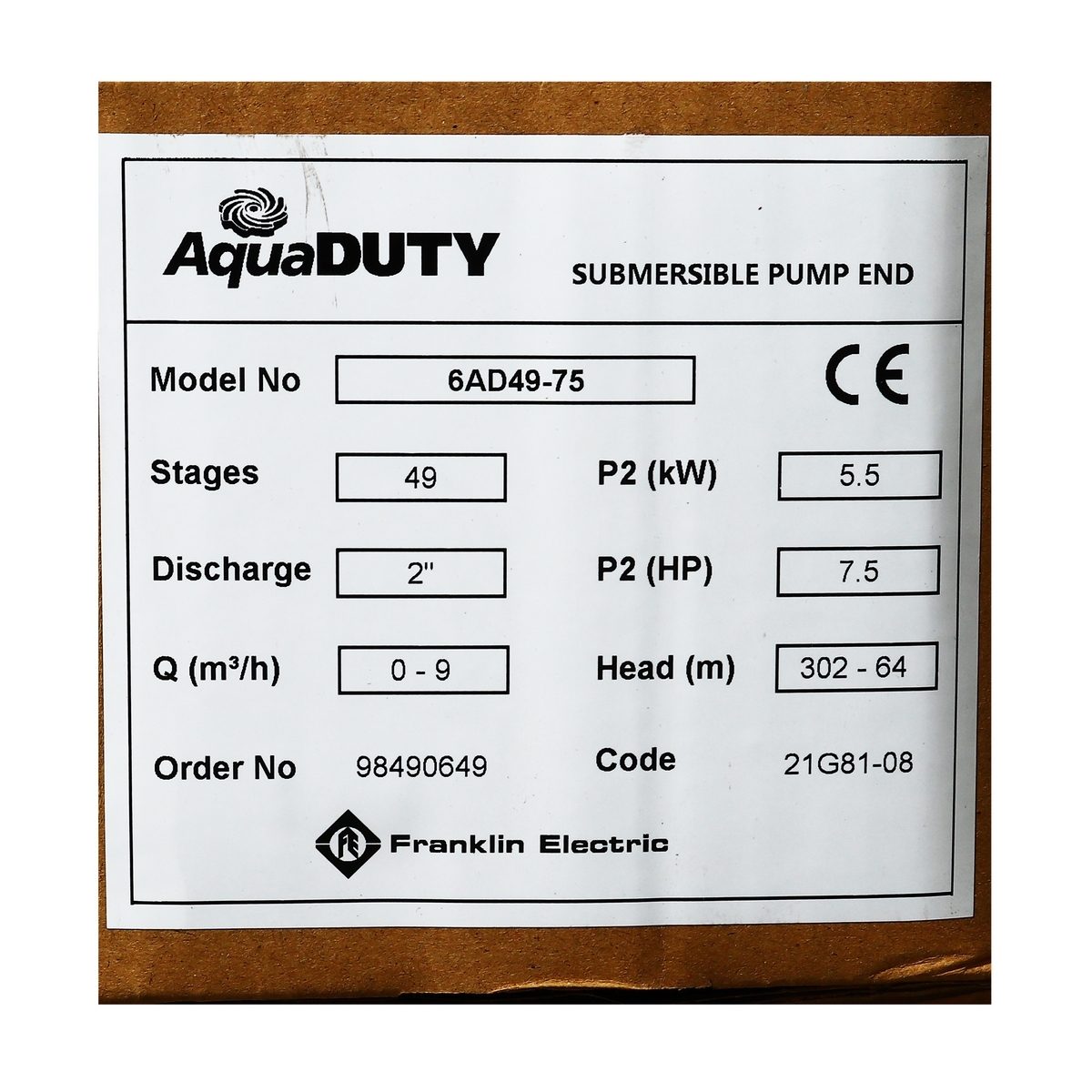 FRANKLIN เฉพาะหัวปั๊มบ่อบาดาล ขนาด 4 นิ้ว รุ่น 6AD34-50 กำลังมอเตอร์ 7.5 แรงม้า ท่อส่ง 1.5 นิ้ว ส่งสูง 209-64 เมตร ปริมาณน้ำ 90-150 ลิตร/นาท