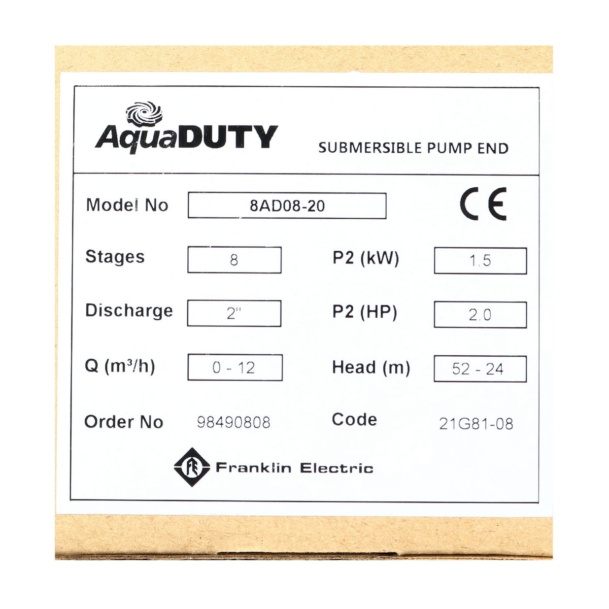 FRANKLIN เฉพาะหัวปั๊มบ่อบาดาล ขนาด 4 นิ้ว รุ่น 8AD08-20 กำลังมอเตอร์ 2 แรงม้า ท่อส่ง 1.5 นิ้ว ส่งสูง 43-24 เมตร ปริมาณน้ำ 120-200 ลิตร/นาที 