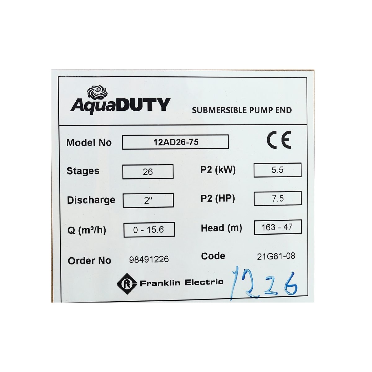 FRANKLIN เฉพาะหัวปั๊มบ่อบาดาล ขนาด 4 นิ้ว รุ่น 12AD26-75 กำลังมอเตอร์ 7.5 แรงม้า ท่อส่ง 1.5 นิ้ว ส่งสูง 111-47 เมตร ปริมาณน้ำ 160-260 ลิตร/น
