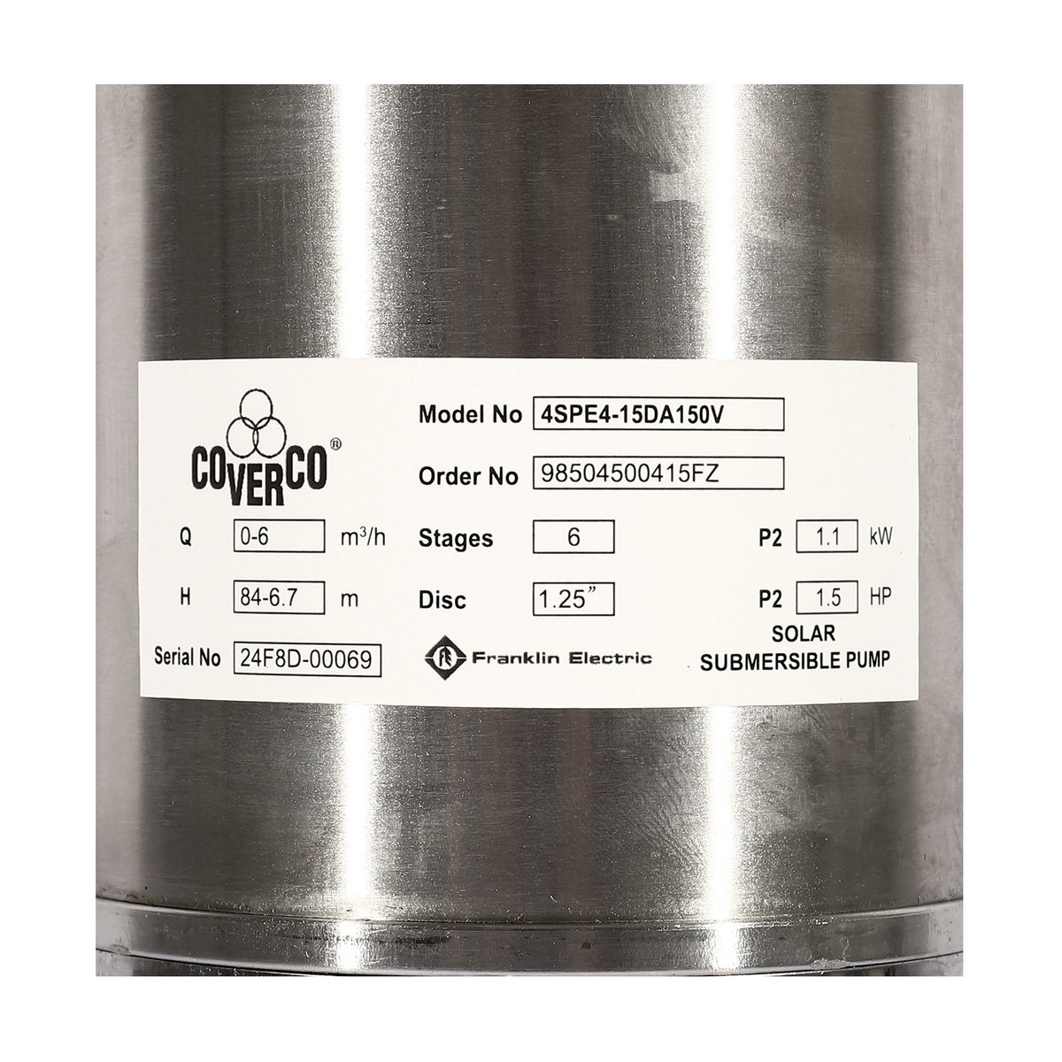 FRANKLIN 4SPE4-15DA150V AC/DC ปั๊มน้ำบาดาลโซล่า 4 นิ้ว มอเตอร์ 1100 วัตต์ ส่งสูง 84 เมตร ท่อส่ง 1.25 นิ้ว  (แฟรงคลิน)
