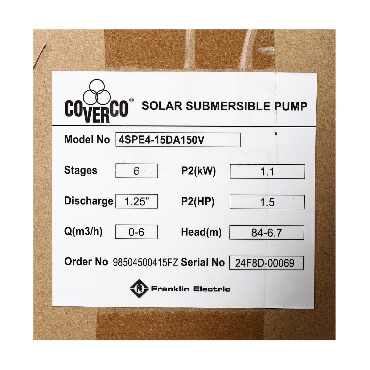 FRANKLIN 4SPE4-15DA150V AC/DC ปั๊มน้ำบาดาลโซล่า 4 นิ้ว มอเตอร์ 1100 วัตต์ ส่งสูง 84 เมตร ท่อส่ง 1.25 นิ้ว  (แฟรงคลิน)