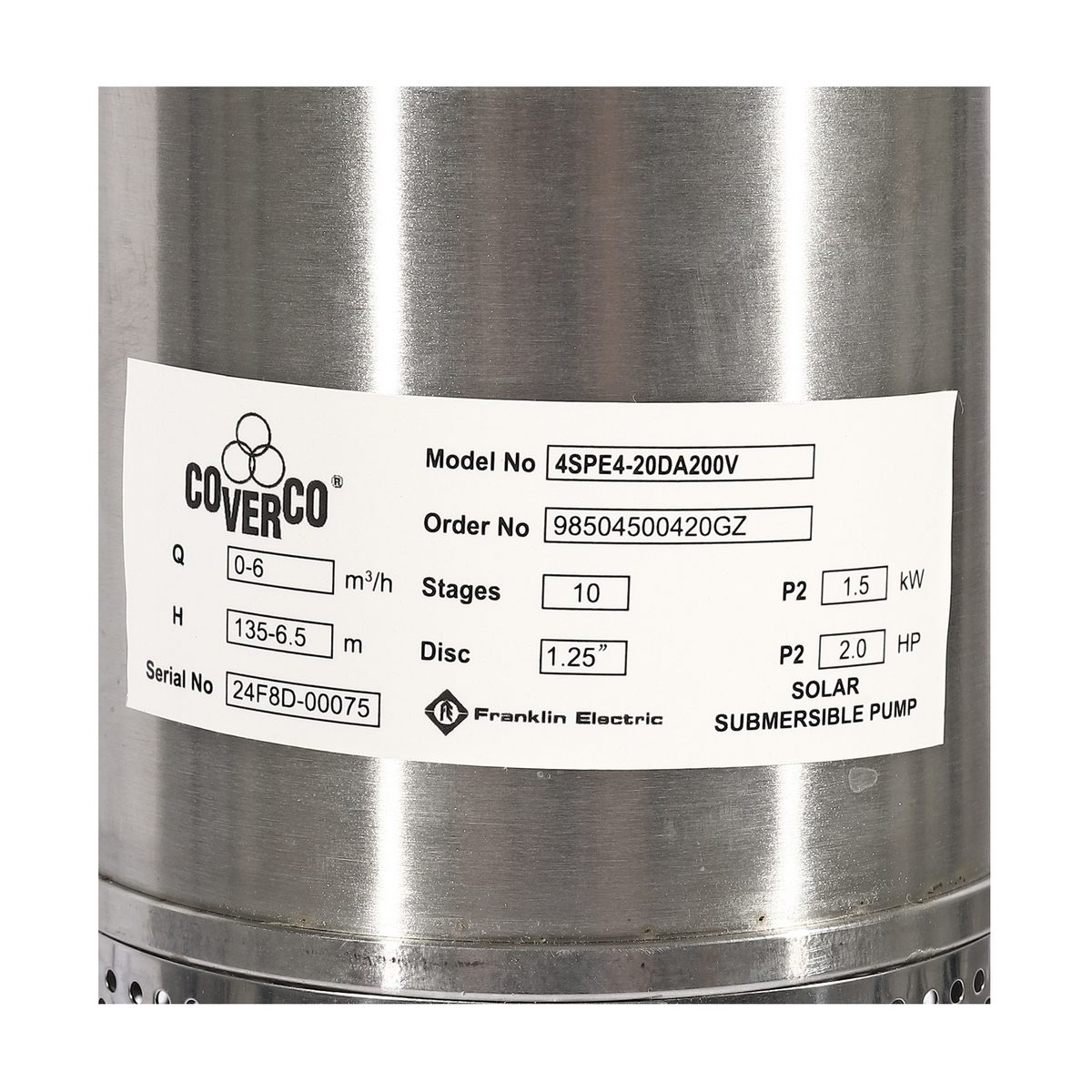 FRANKLIN 4SPE4-20DA200V AC/DC ปั๊มน้ำบาดาลโซล่า 4 นิ้ว มอเตอร์ 1500 วัตต์ ส่งสูง 135 เมตร ท่อส่ง 1.25 นิ้ว (แฟรงคลิน)