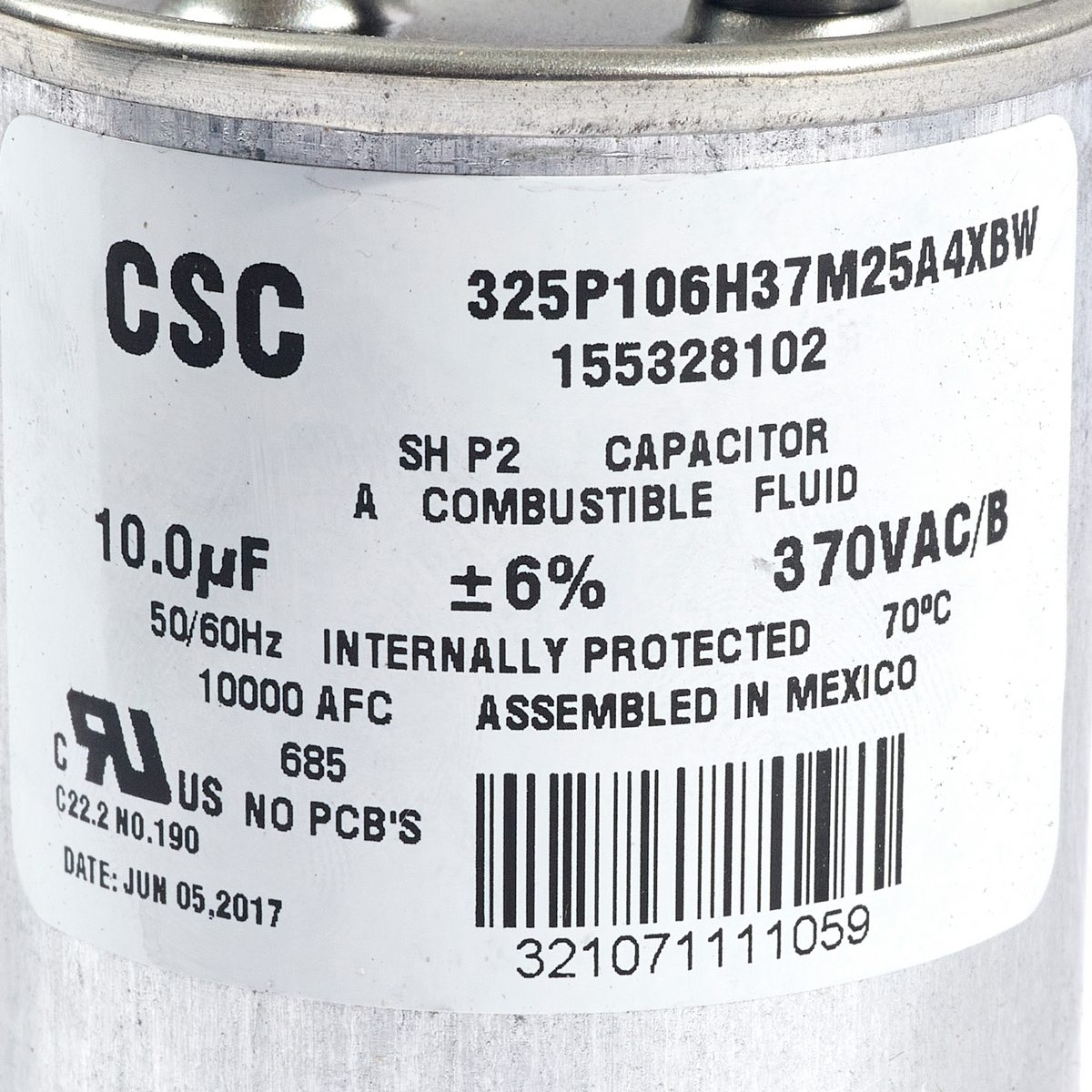 RUN CAPACITOR 10 MFD,370V 1.5 HP