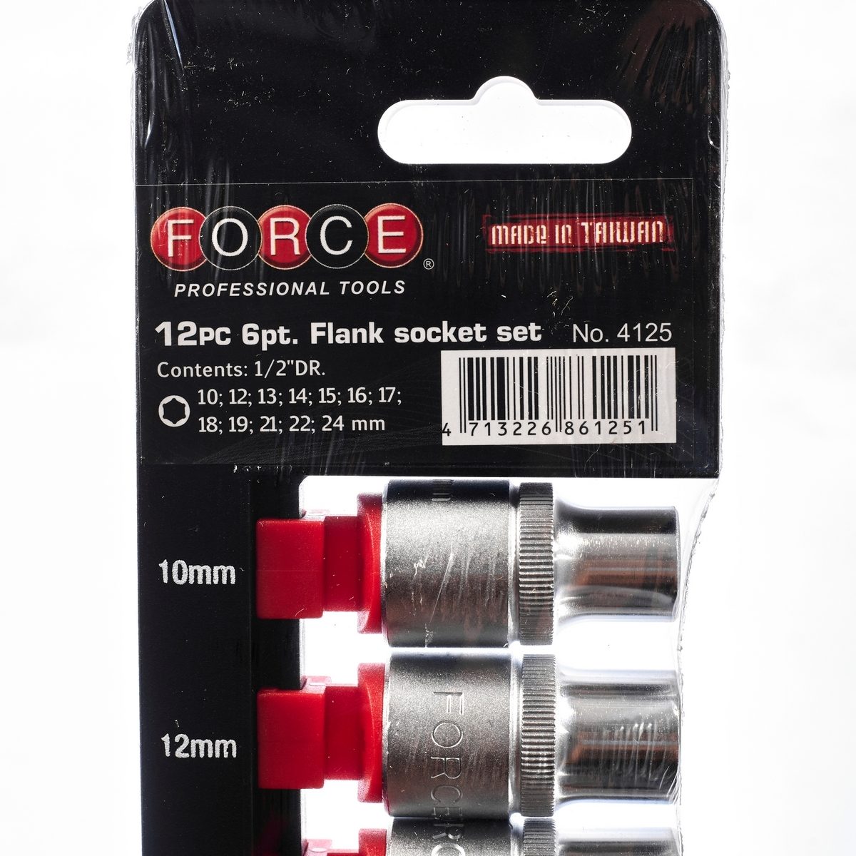 ชุดลูกบล็อก 4125 6 เหลี่ยม (6PT) 12 ชิ้น ฟอร์ซ (FORCE) ขนาด 1/2 นิ้ว ในชุดประกอบไปด้วยเบอร์ 10,12,13,14,15,16,17,18,19,21,22 และ 24 มม.