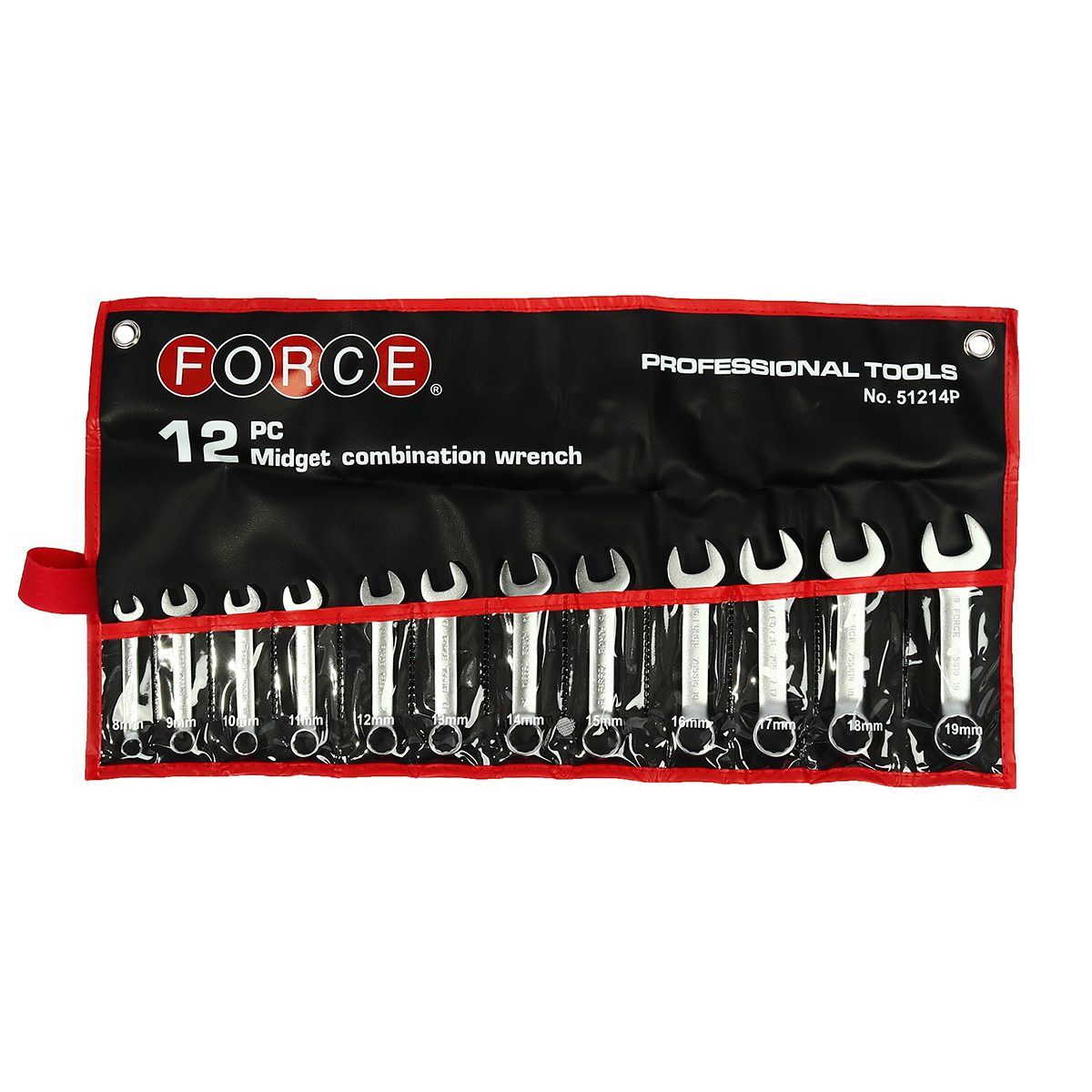 ชุดประแจแหวนข้างปากตาย 12 ชิ้น 51214P ฟอร์ซ (FORCE) ประกอบไปด้วยประแจแหวน เบอร์ 8, 9, 10, 11, 12, 13, 14, 15, 16, 17, 18, 19 มม.