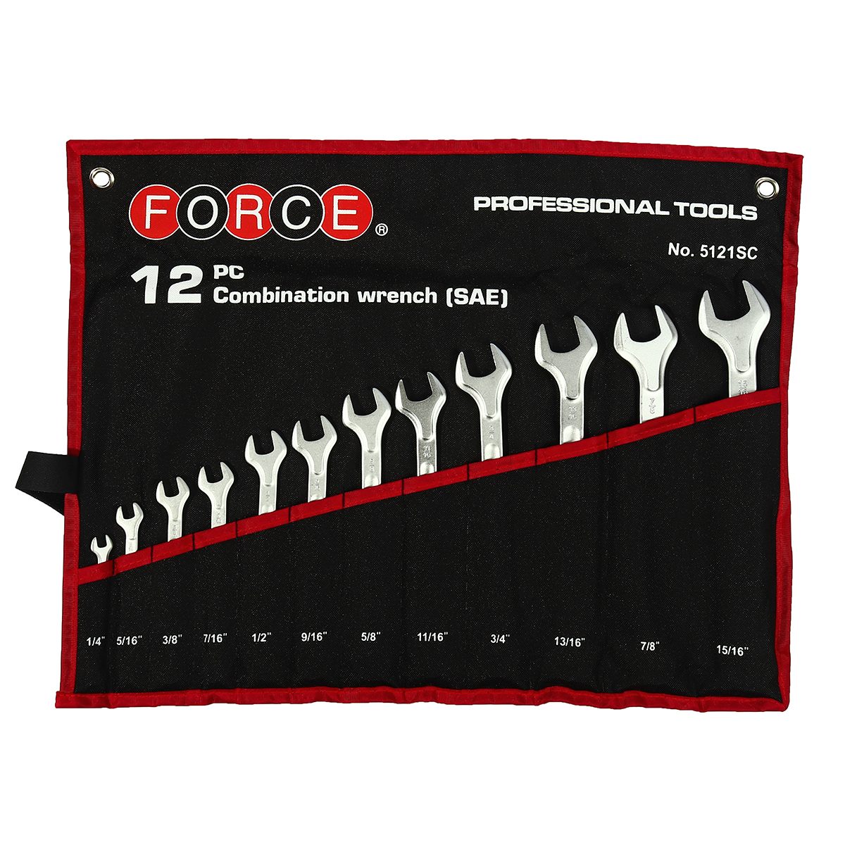 ชุดประแจแหวนข้างปากตาย 12 ชิ้น 5121SC ฟอร์ซ (FORCE) ประกอบไปด้วยประแจแหวน เบอร์ 1/4",5/16",3/8",7/16",1/2",9/16",5/8",11/16",3/4",13/16",7/8