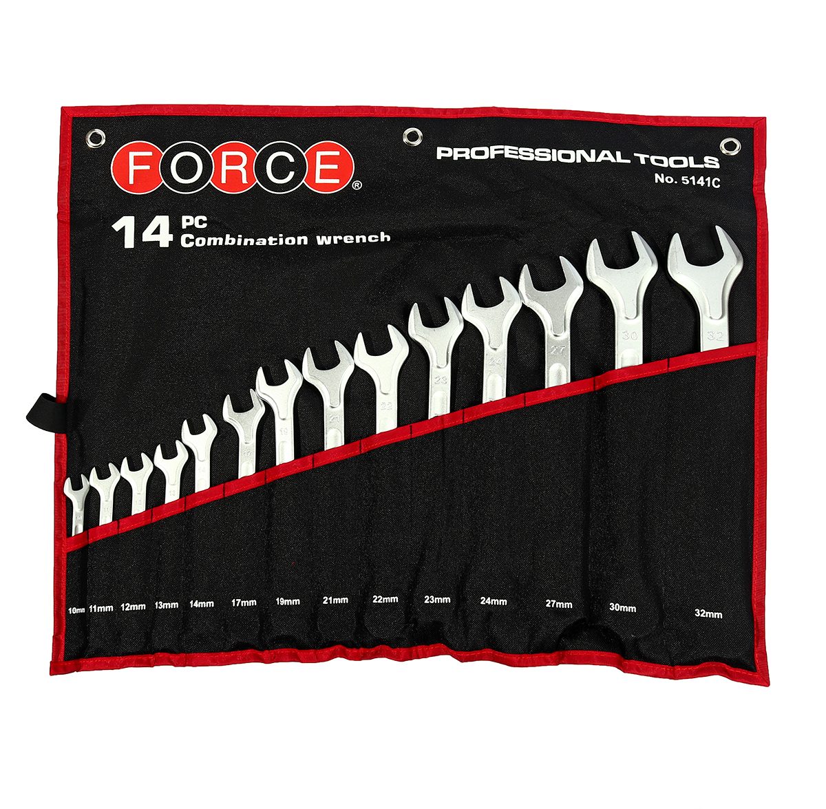 FORCE ชุดประแจแหวนข้างปากตาย 14 ชิ้น 5141C ประกอบไปด้วยประแจแหวน เบอร์ 10, 11, 12, 13, 14, 17, 19, 21, 22, 23, 24, 27, 30, 32 มม. (ฟอร์ซ)