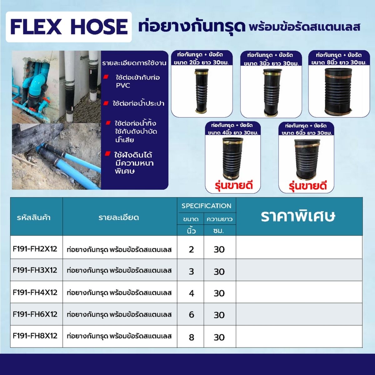 FLEX HOSE ท่อกันทรุด ท่อเฟล็กซ์ ขนาด 4"x12" พร้อมข้อรัด ใช้สวมท่อ PVC กันท่อเสียหาย (เฟล็กซ์โฮส)