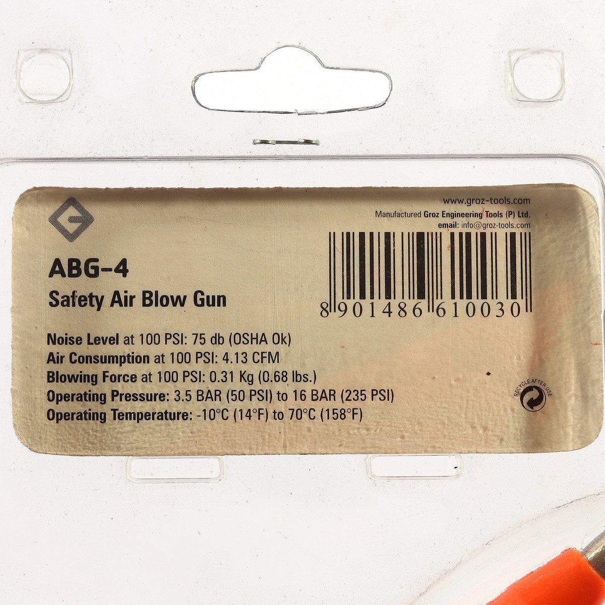 GROZ ปืนลมด้ามไนลอน ก้านยาว 140 มม. รุ่น ABG/4/1-4F/BSP ข้อต่อเกลียวทองเหลืองขนาด 1/4" BSP แรงดันลม 3-16 บาร์ แรงลมที่ออก 380 ลิตร/นาที เสีย
