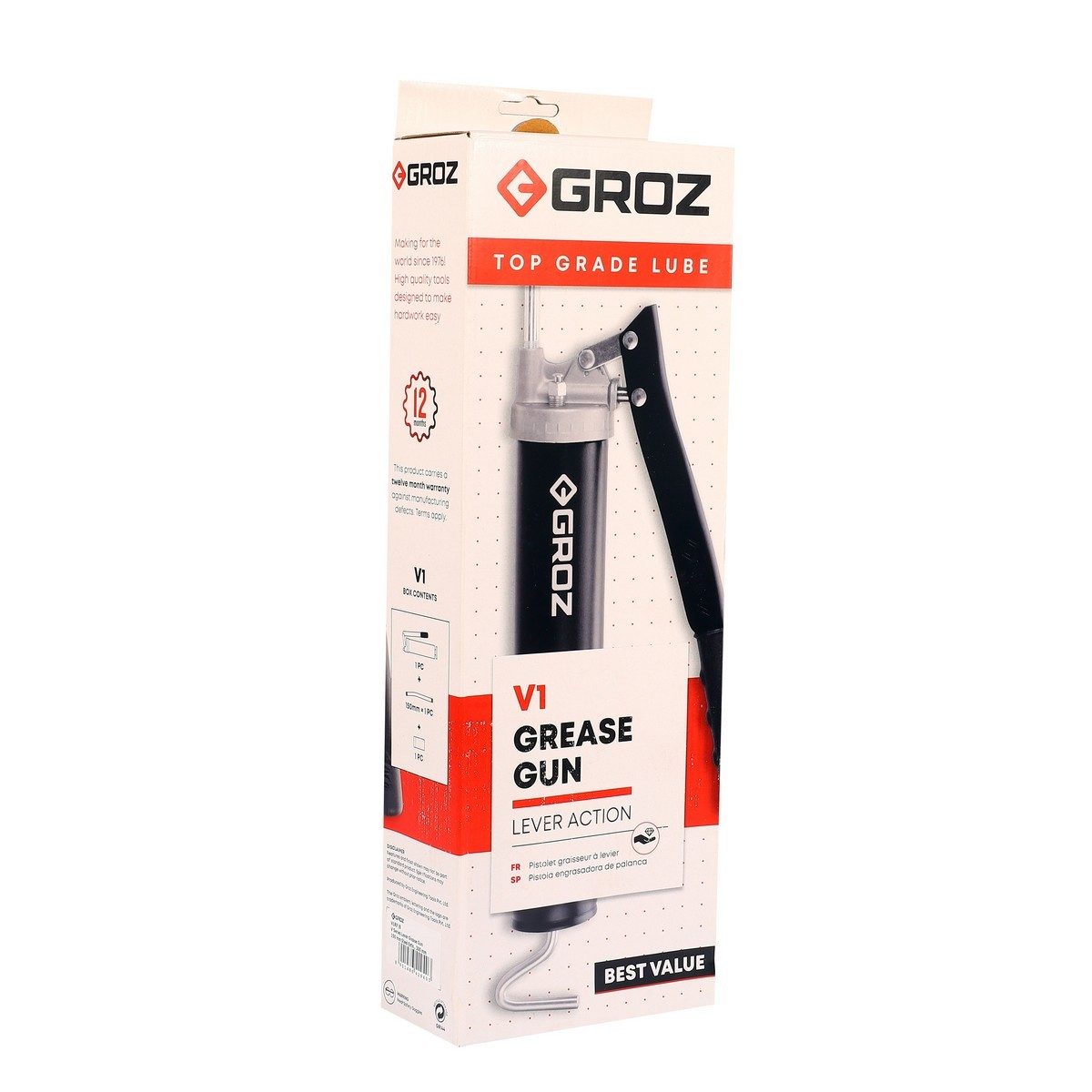 GROZ กระบอกอัดจาระบี 500 ซีซี รุ่น V1RF/B แรงดันสูงสุด 6000 PSI (413 บาร์) ความจุจาระบี 14 ออนซ์ จ่ายจาระบีต่อการโยกด้าม 1 ครั้ง 1 กรัม (กรอ
