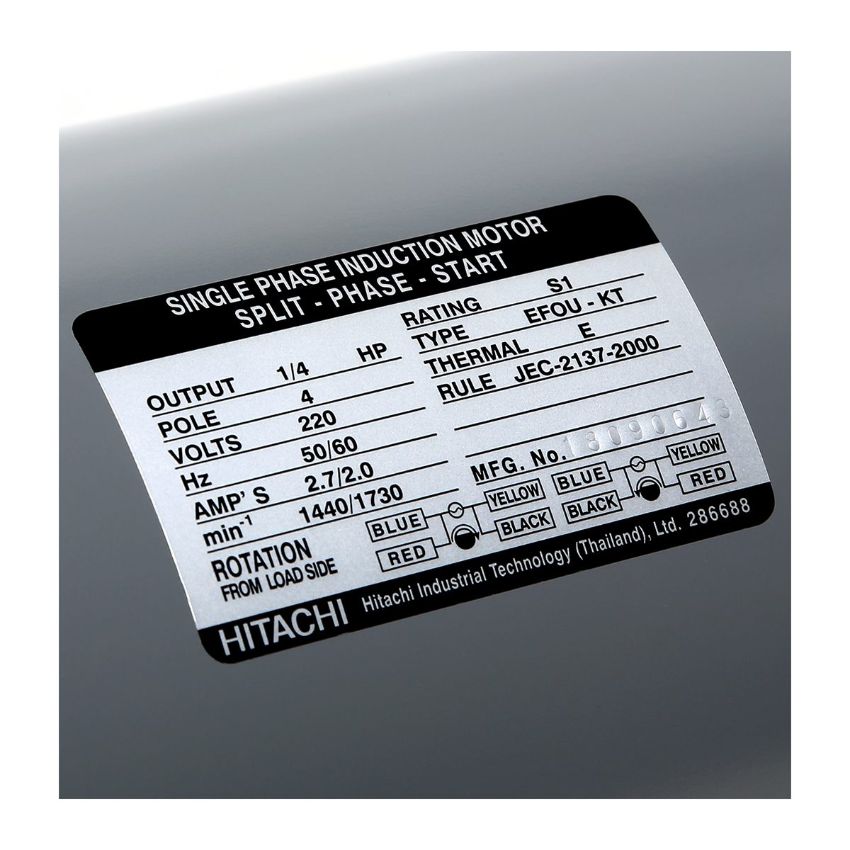 มอเตอร์ HITACHI รุ่น EFOU-KT กำลัง 1/4 แรงม้า (0.2 กิโลวัตต์) 1 เฟส 220 โวลต์ 4 โพล 2 สาย IP22 ความเร็วรอบ 1,450 RPM (รอบต่อนาที)
