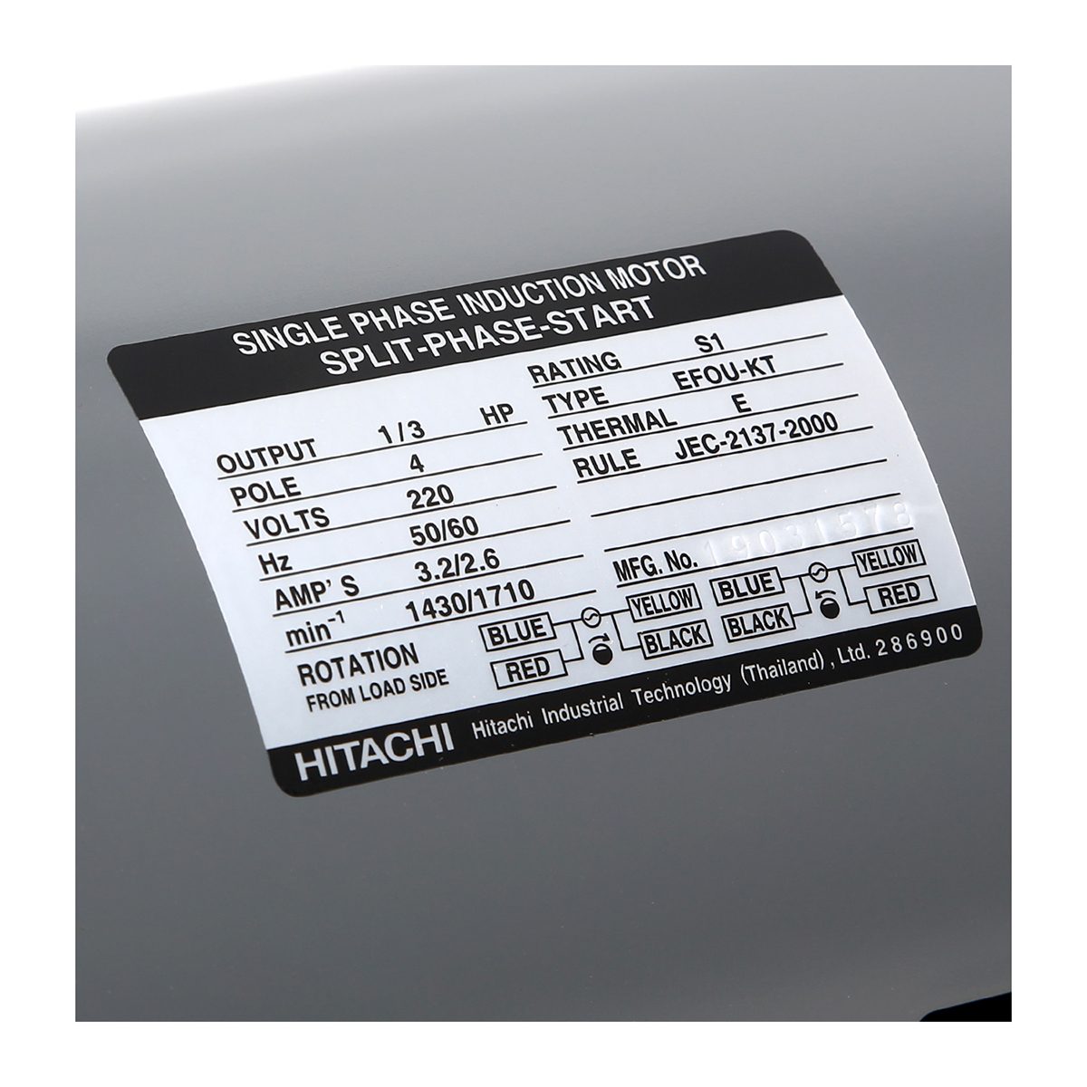 มอเตอร์ HITACHI รุ่น EFOU-KT กำลัง 1/3 แรงม้า (0.25 กิโลวัตต์) 1 เฟส 220 โวลต์ 4 โพล 2 สาย IP22 ความเร็วรอบ 1,450 RPM (รอบต่อนาที)