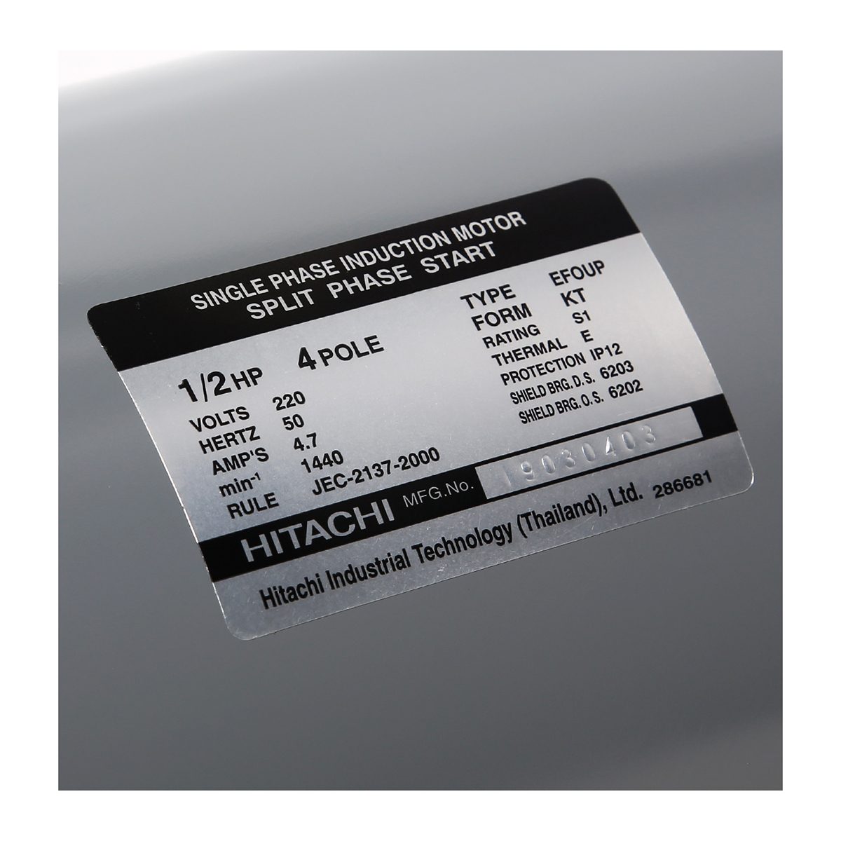 มอเตอร์ HITACHI รุ่น EFOU-KT กำลัง 1/2 แรงม้า (0.4 กิโลวัตต์) 1 เฟส 220 โวลต์ 4 โพล 2 สาย IP22 ความเร็วรอบ 1,450 RPM (รอบต่อนาที)