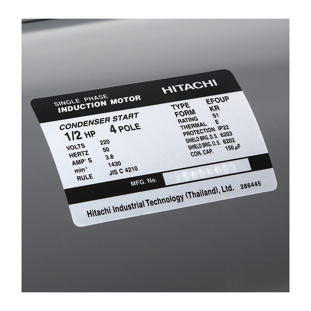มอเตอร์ HITACHI รุ่น EFOUP-KR กำลัง 1/2 แรงม้า (0.4 กิโลวัตต์) 1 เฟส 220 โวลต์ 4 โพล 2 สาย IP22 ความเร็วรอบ 1,450 RPM (รอบต่อนาที)