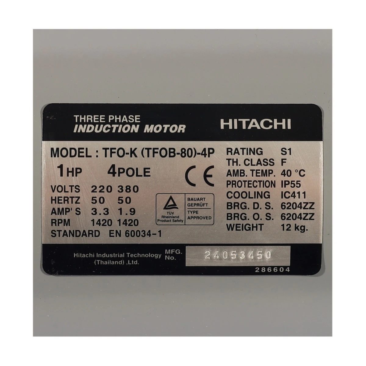 HITACHI มอเตอร์ แบบมีขาตั้ง 1 แรงม้า (0.75 กิโลวัตต์) 380 โวลต์ 3 เฟส รุ่น TFO-K ประเภท B3 (Foot Mounted) ความเร็วรอบ 1,450 รอบ/นาที ระดับคว