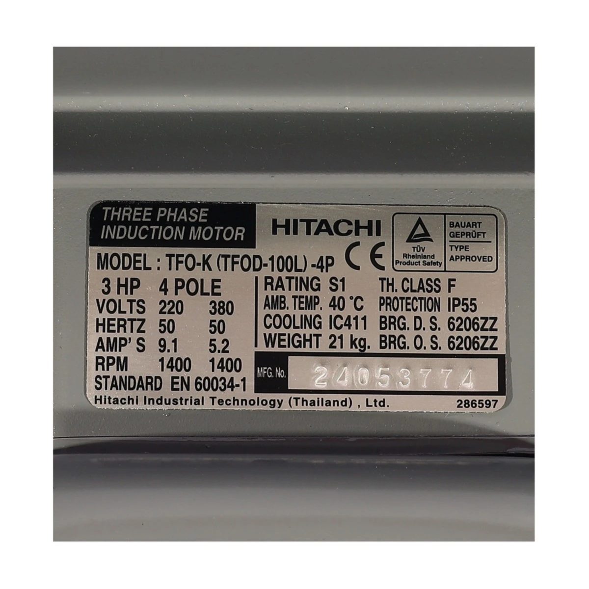 HITACHI มอเตอร์ แบบมีขาตั้ง 3 แรงม้า (2.2 กิโลวัตต์) 380 โวลต์ 3 เฟส รุ่น TFO-K ประเภท B3 (Foot Mounted) ความเร็วรอบ 1,450 รอบ/นาที ระดับควา