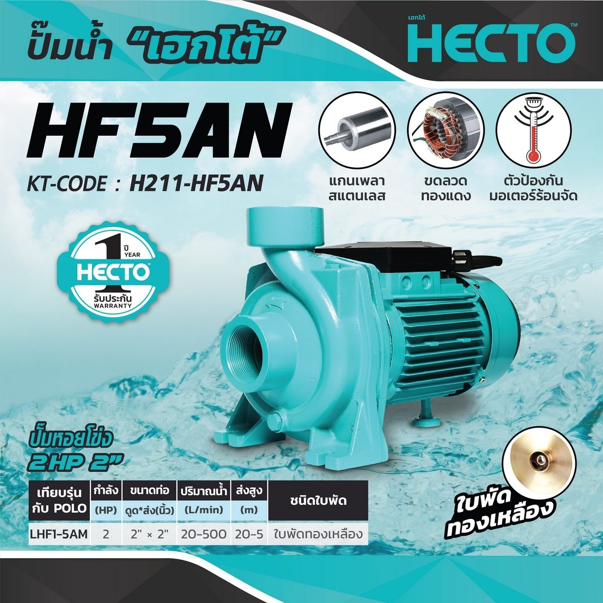 HECTO ปั๊มหอยโข่ง 2 HP รุ่น HF5AN ขนาดท่อ 2X2 นิ้ว ปริมาณน้ำ 20-500 ลิตร/นาที ระยะส่งไกลสุด 20-5 เมตร (เฮกโต)