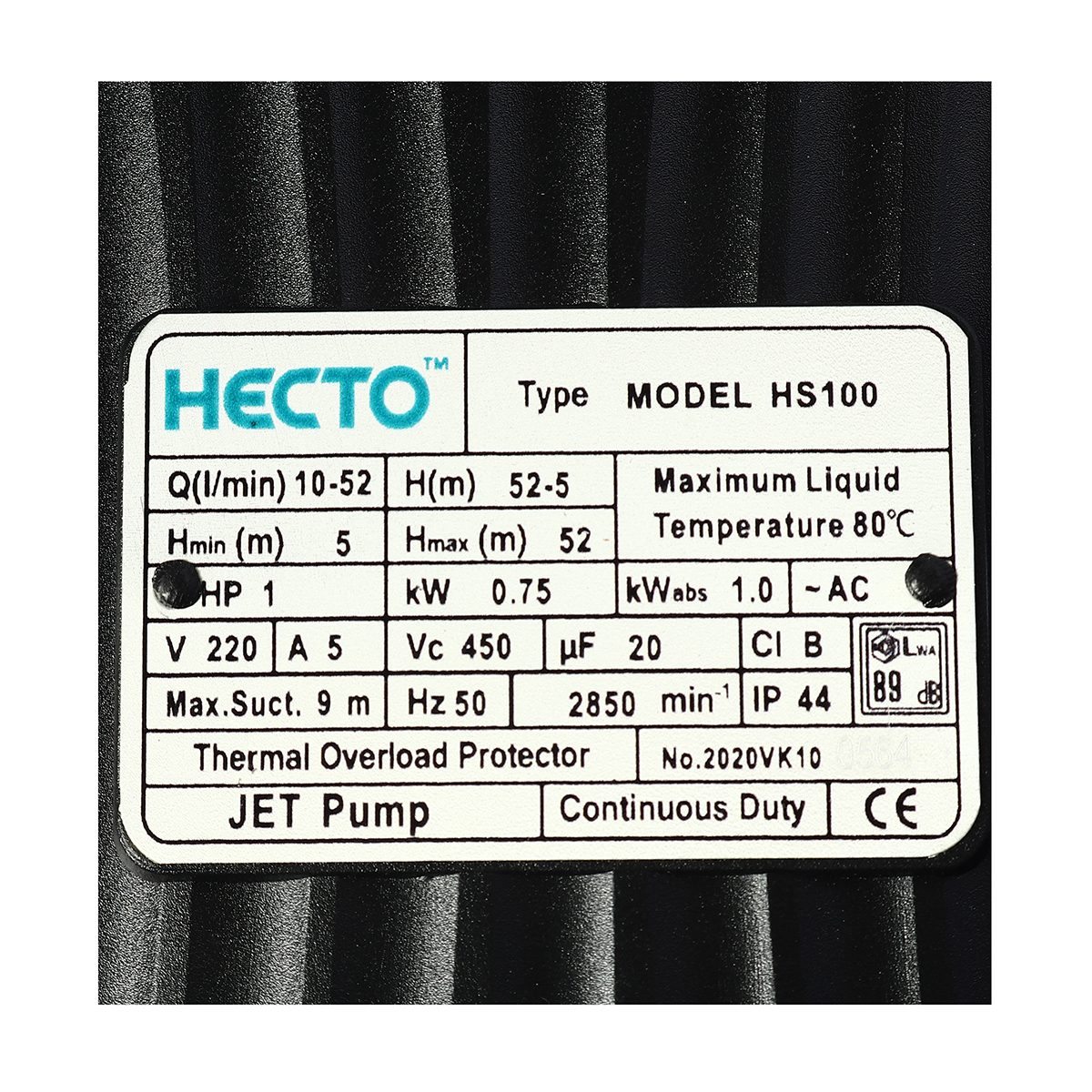 HECTO ปั๊มหอยโข่งล่อน้ำ 1 HP รุ่น HS100 ขนาดท่อ 1X1 นิ้ว ปริมาณน้ำ 10-52 ลิตร/นาที ระยะส่งไกลสุด 54-5 เมตร (เฮกโต)