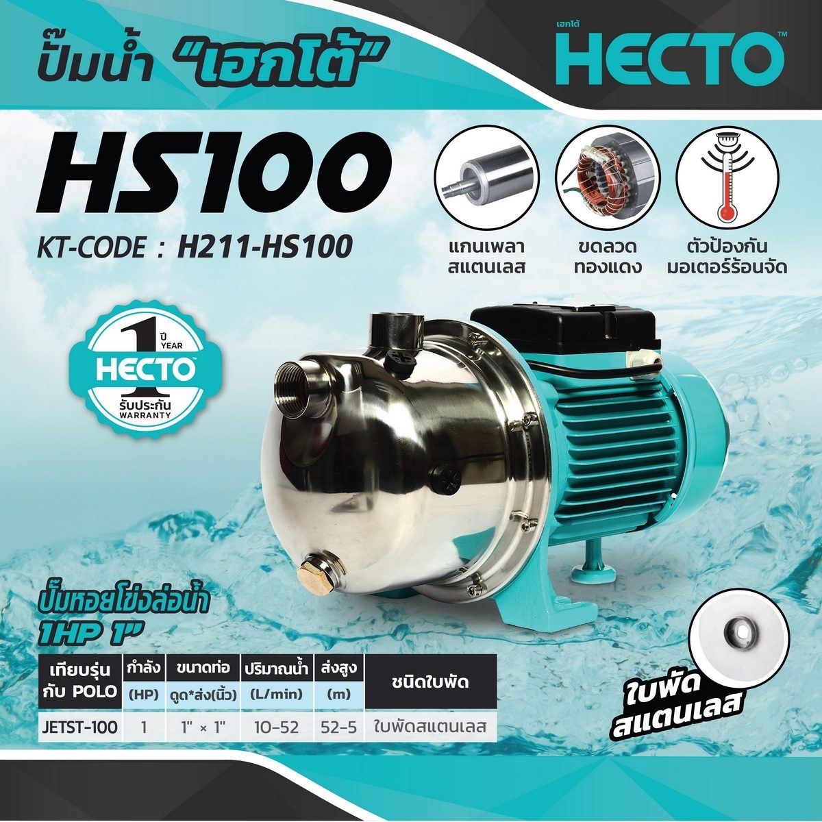 HECTO ปั๊มหอยโข่งล่อน้ำ 1 HP รุ่น HS100 ขนาดท่อ 1X1 นิ้ว ปริมาณน้ำ 10-52 ลิตร/นาที ระยะส่งไกลสุด 54-5 เมตร (เฮกโต)