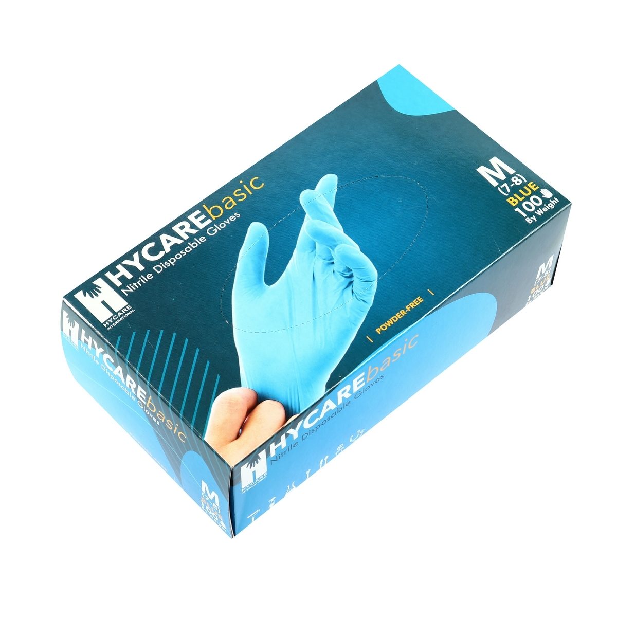 HYCARE ถุงมือยางไนไตร สีฟ้า ไซส์ M ไม่มีแป้ง ป้องกันเชื้อไวรัส สิ่งสกปรก และสารเคมี เหมาะสำหรับผู้ที่มีอาการแพ้ง่าย (50 คู่/กล่อง) (ไฮแคร์)