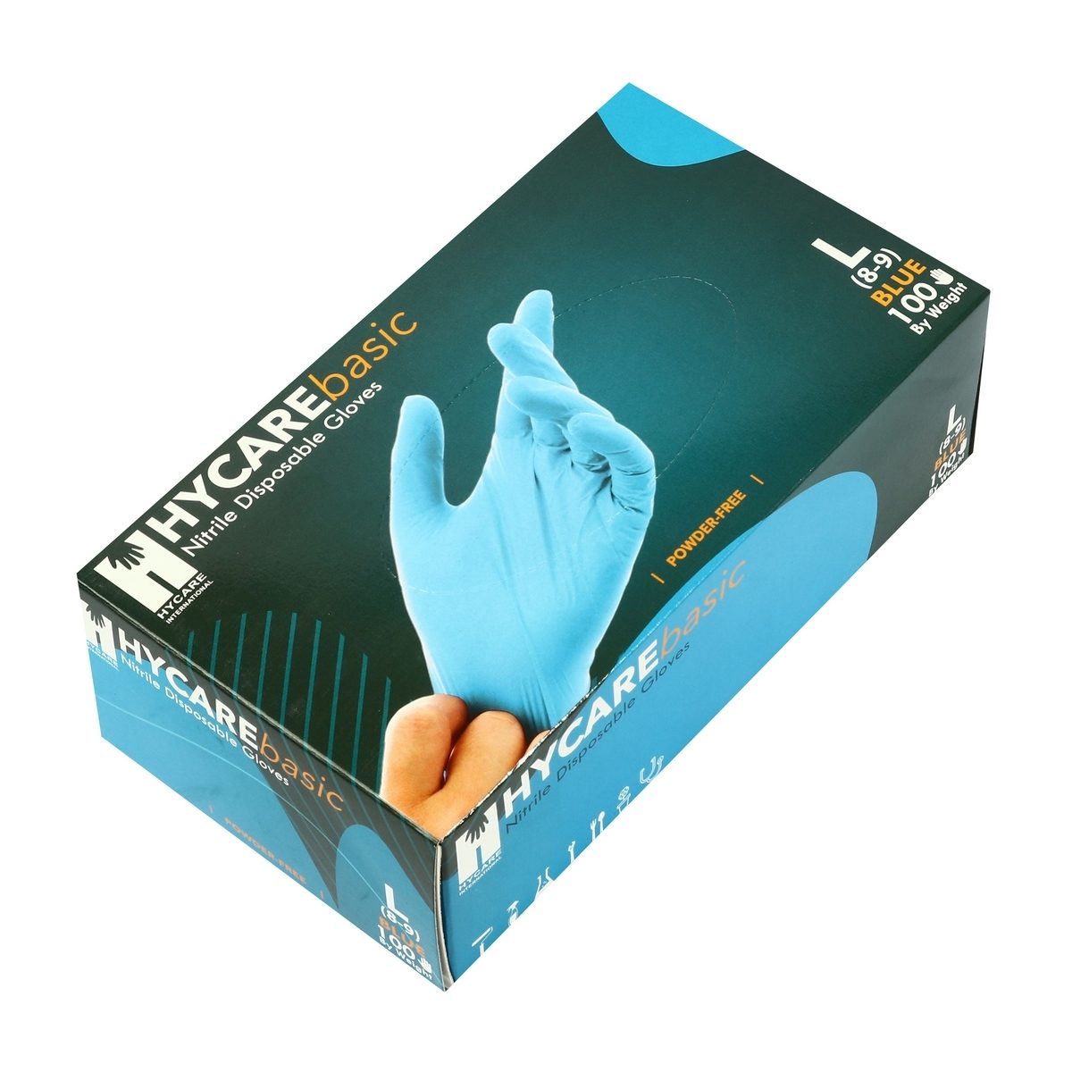 HYCARE ถุงมือยางไนไตร สีฟ้า ไซส์ L ไม่มีแป้ง ป้องกันเชื้อไวรัส สิ่งสกปรก และสารเคมี เหมาะสำหรับผู้ที่มีอาการแพ้ง่าย (50 คู่/กล่อง) (ไฮแคร์)