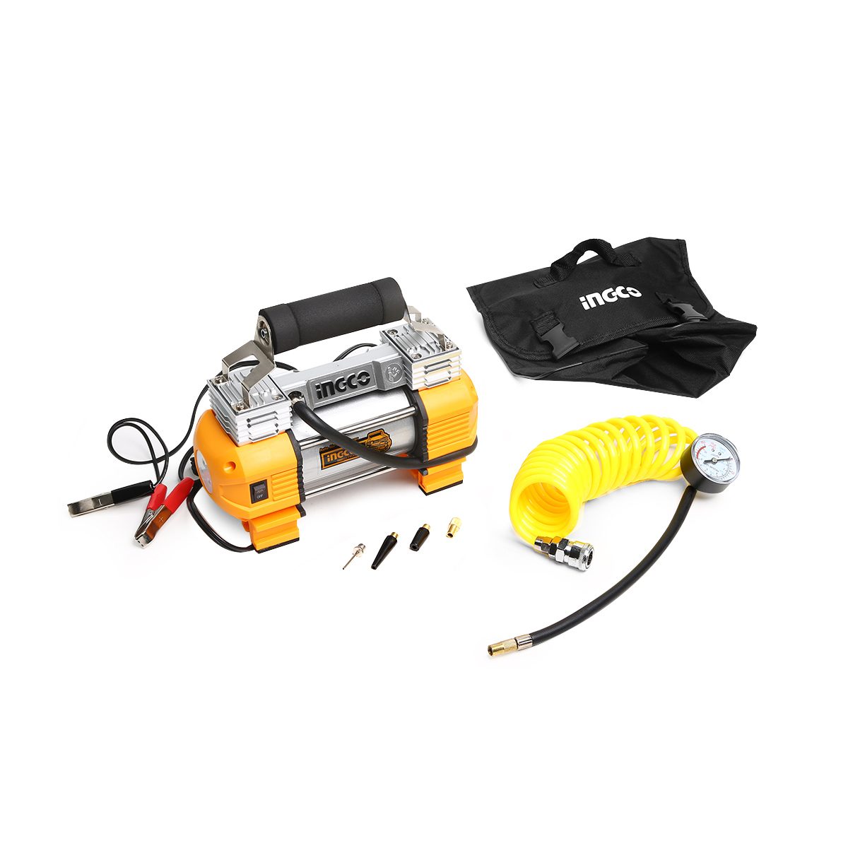 INGCO ปั๊มลมมินิ 12 โวลต์ 18 แอมป์ รุ่น AAC2508 แรงดันลมสูงสุด 120 PSI (8 บาร์) ปริมาณลมสูงสุด 45 ลิตร/นาที ใช้งานต่อเนื่อง 15 นาที (อิงโก)