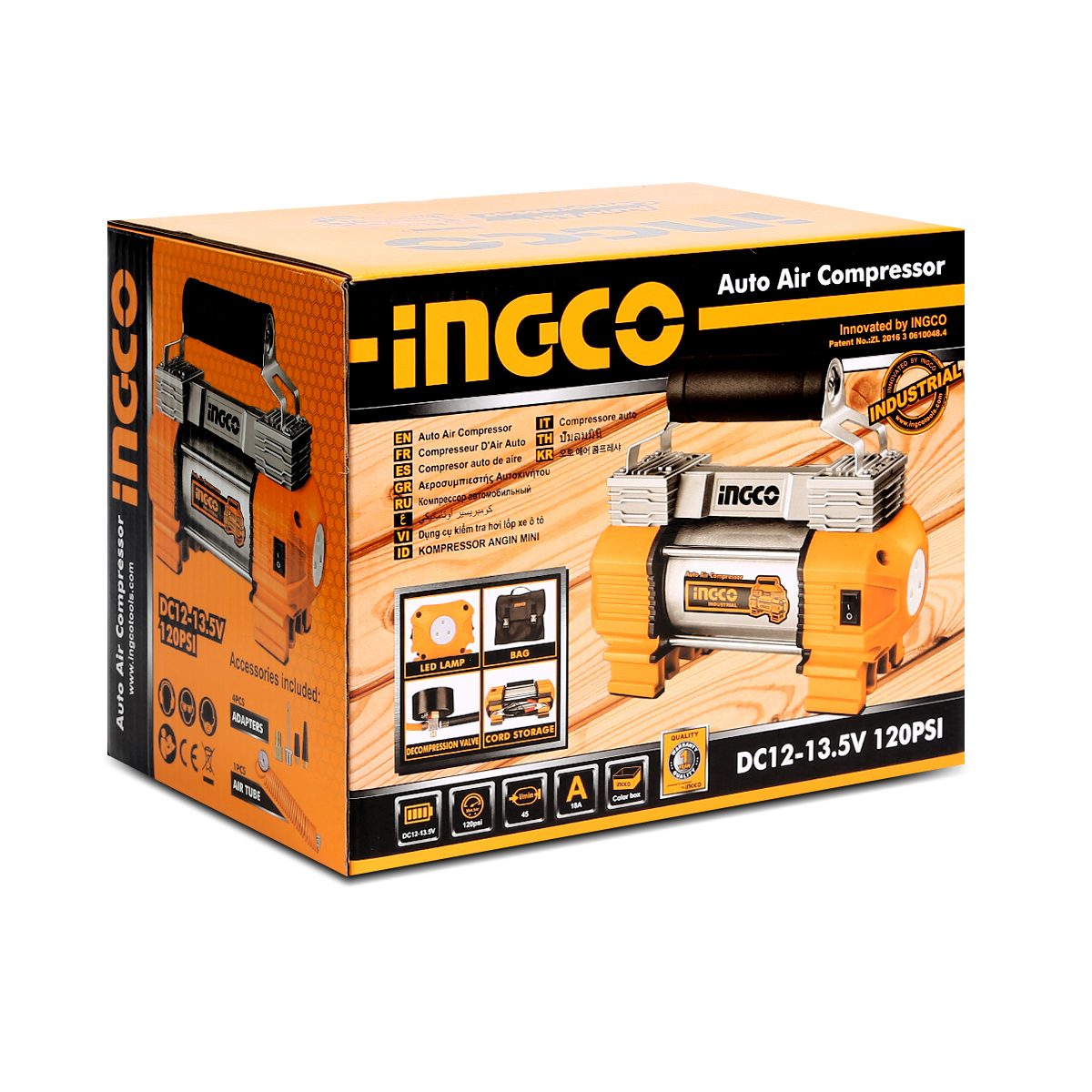 INGCO ปั๊มลมมินิ 12 โวลต์ 18 แอมป์ รุ่น AAC2508 แรงดันลมสูงสุด 120 PSI (8 บาร์) ปริมาณลมสูงสุด 45 ลิตร/นาที ใช้งานต่อเนื่อง 15 นาที (อิงโก)