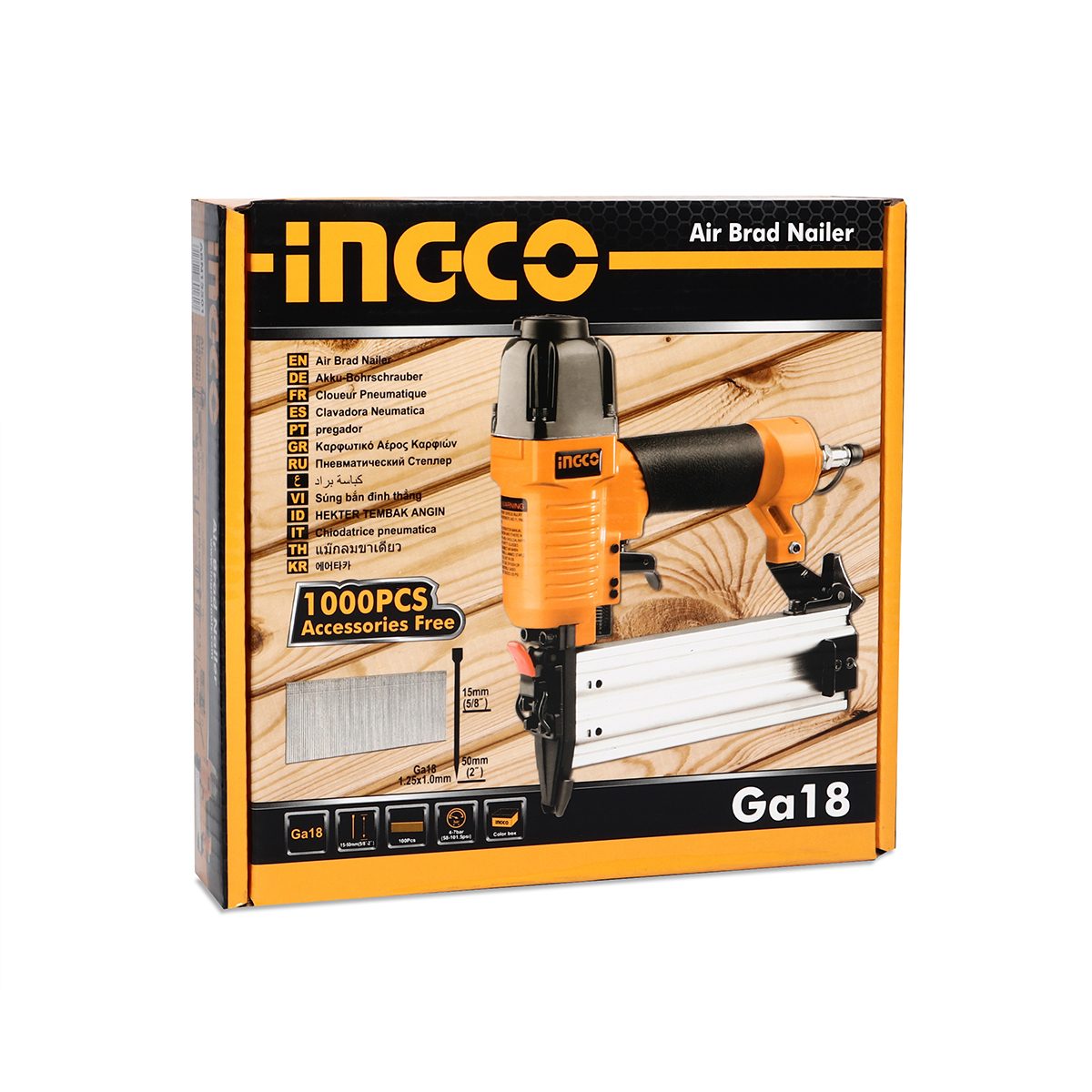 เครื่องยิงตะปูขาเดี่ยว อิงโก้ (INGCO) รุ่น ABN15501 มาพร้อมตะปูขาเดี่ยว 1,000 ชิ้น เหมาะสำหรับตะปูขาเดี่ยวขนาดตั้งแต่ 15-50 มม. แรงดันลม 75-