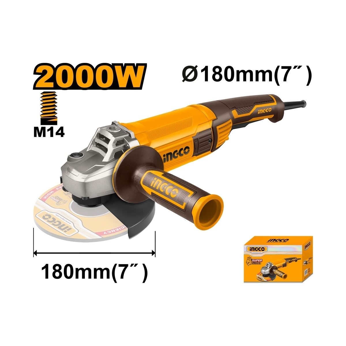 INGCO เครื่องเจียร์ไฟฟ้า 180 มม. (7 นิ้ว) รุ่น AG200018 กำลังไฟ 2,000 วัตต์ ความเร็วรอบตัวเปล่า 8,450 รอบ/นาที (อิงโก้)