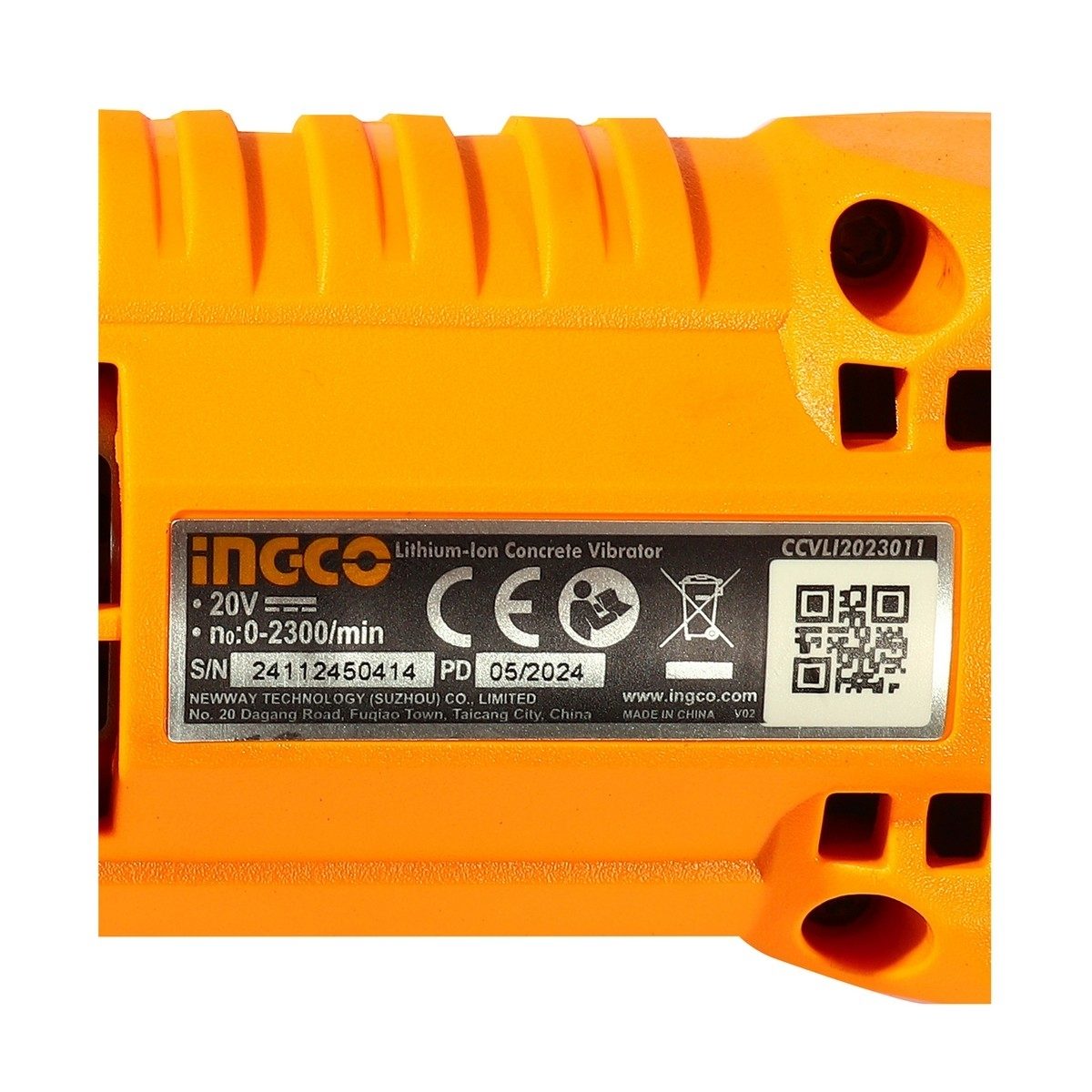 INGCO เครื่องจี้ปูนไร้สาย 20 โวลต์ รุ่น CCVLI2023011 ขนาดหัวจี้ 35x1200 มม. ความเร็วรอบ 2300RPM พร้อมแบตเตอรี่ 2.0Ah และแท่นชาร์จ (อิงโก้)