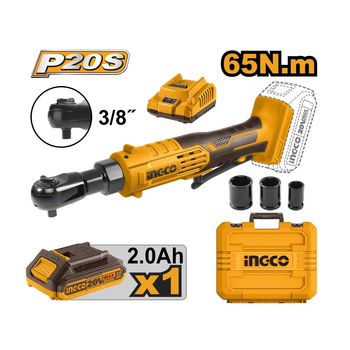INGCO ประแจด้ามฟรี ไร้สาย 20V รุ่น CDRLI2060152 แรงบิดสูงสุด 65 NM ความเร็วรอบ 250 RPM รวมแบตเตอรี่และแท่นชาร์จ (อิงโก้)