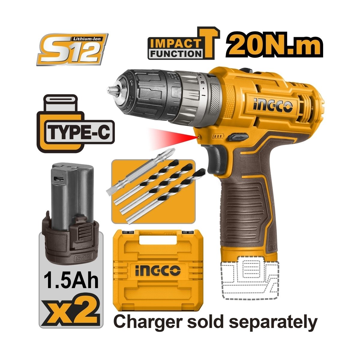 INGCO สว่านกระแทก 12V แบตเตอรี่ทรงกระบอก รุ่น CIDLI12202 หัวจับดอก 0.8-10 มม. ความเร็วรอบ 400/0-1,500 รอบ/นาที (อิงโก้)
