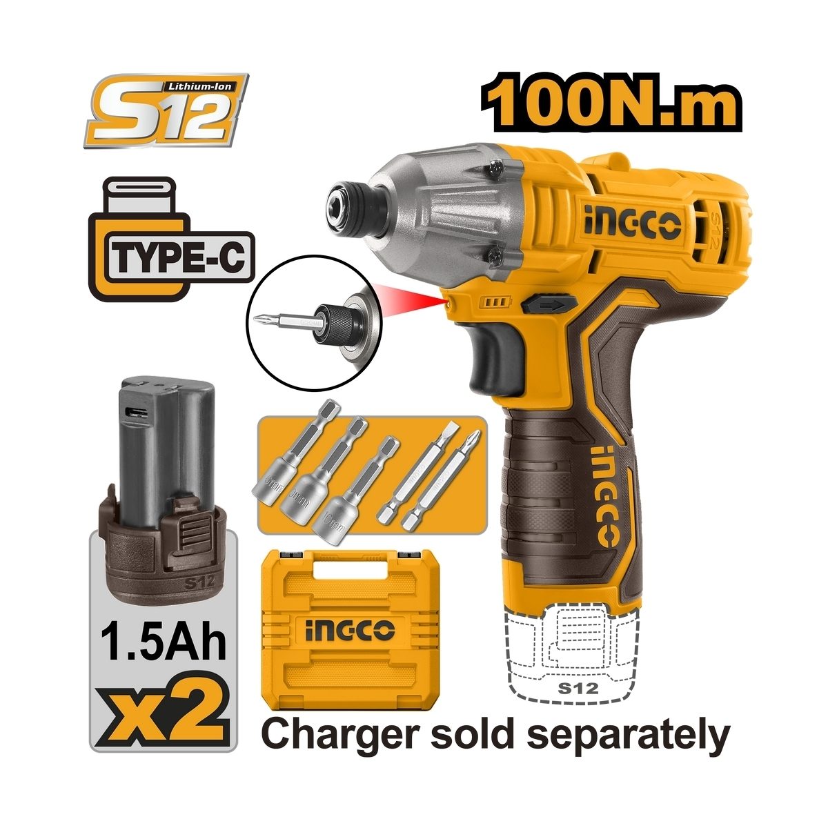 INGCO สว่านไขควงกระแทก 12V 6.35 มม. (1/4 นิ้ว) รุ่น CIRLI12015 ความเร็วรอบ 0-2000 RPM รวมแบตเตอรี่และแท่นชาร์จ (อิงโก้)