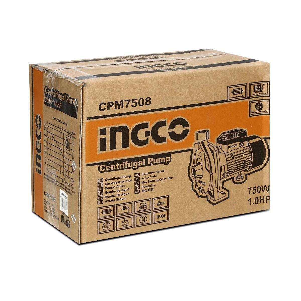 INGCO ปั๊มน้ำหอยโข่ง ท่อ 1" มอเตอร์ 1HP (750W) CPM7508 ไฟ 220V ดูดลึก 8 ม. ส่งสูง 30 ม. ปริมาณน้ำ110 ลิตร/นาที (อิงโก้)