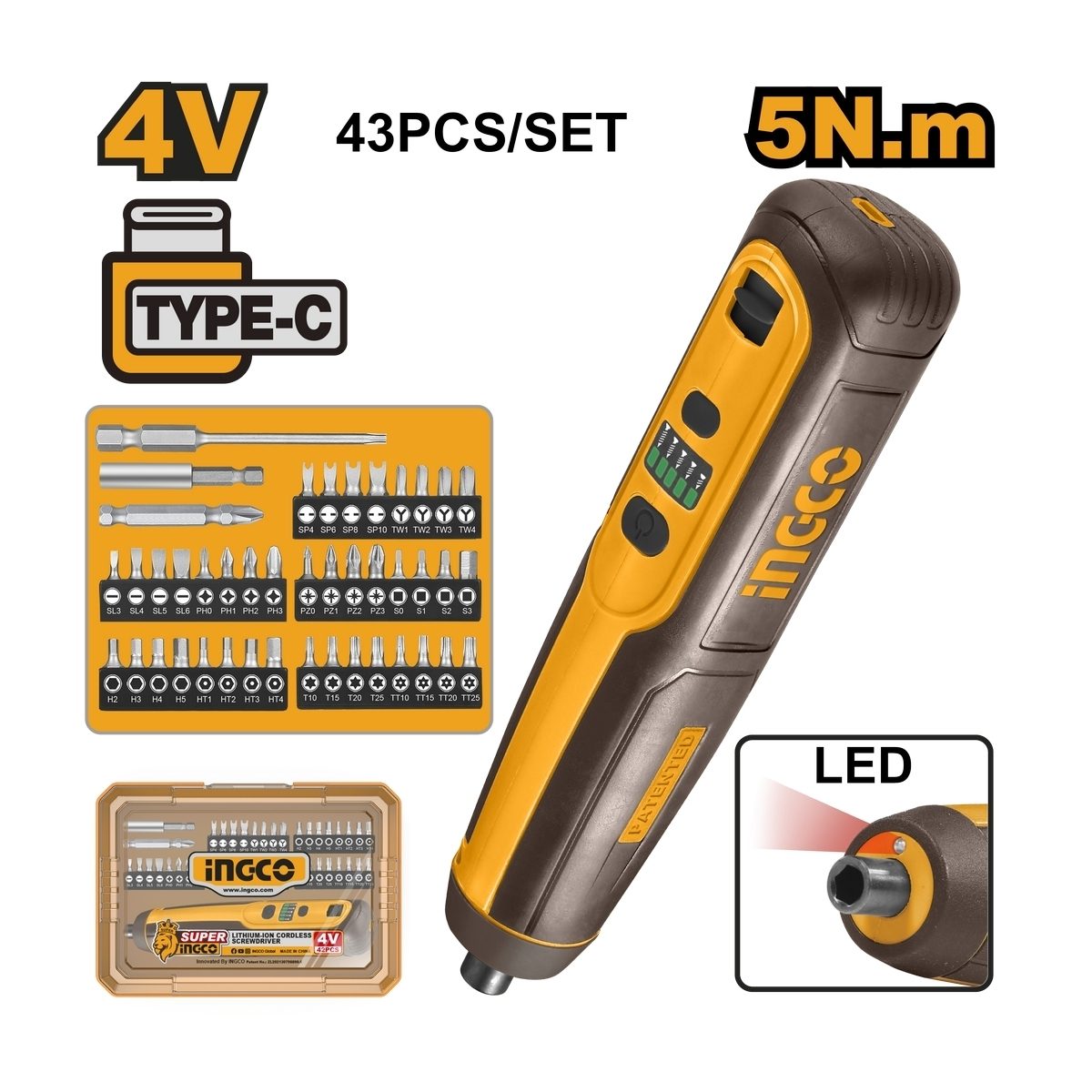 INGCO ชุดไขควงแบตเตอรี่ 4V รุ่น CSDLI04062 ดอกไขควงหกเหลี่ยม 1/4 นิ้ว ความเร็วรอม 240 RPM แรงบิดสูงสุด 5 NM (อิงโก้)