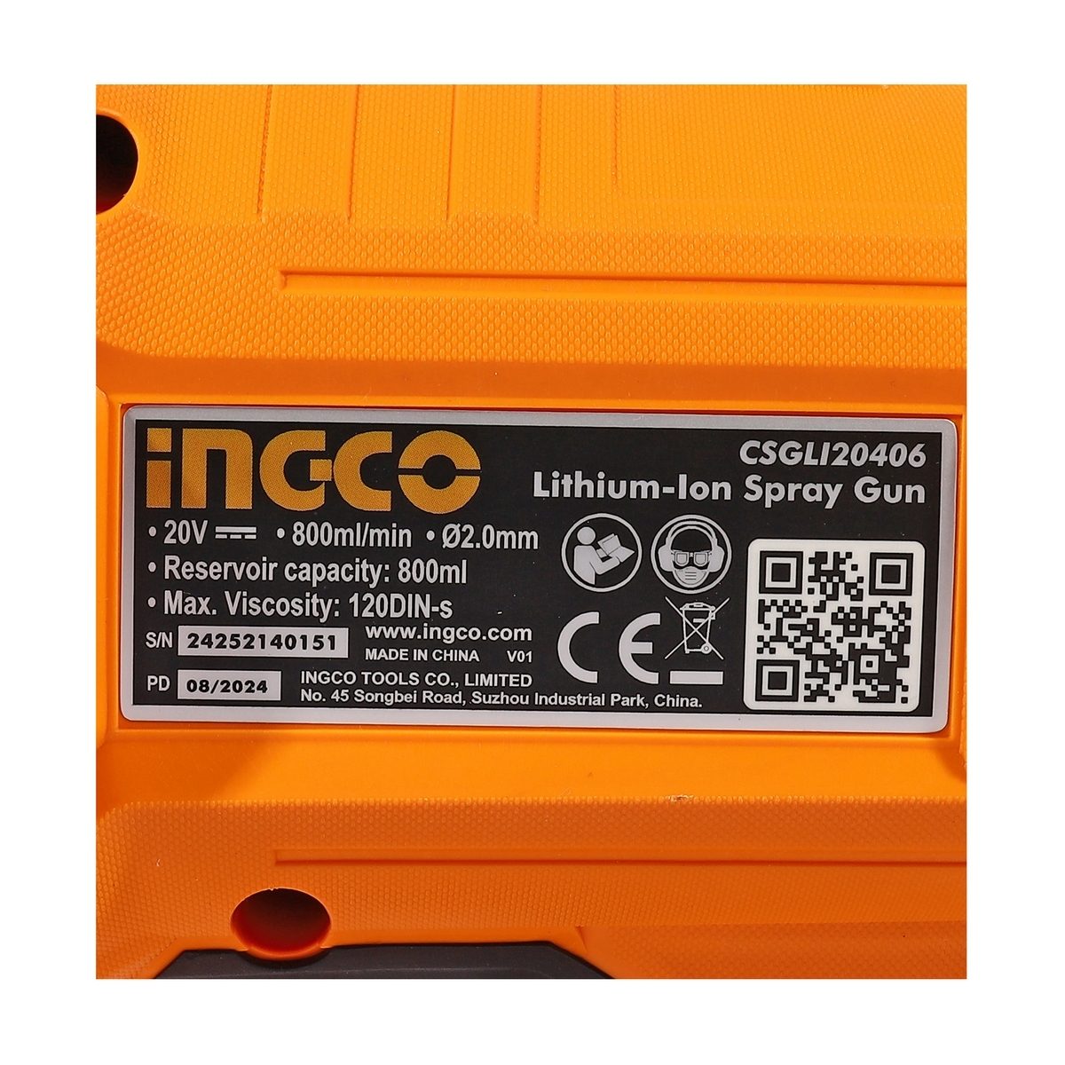 INGCO 20V กาพ่นสีไร้สาย รุ่น CSGLI20406 แรงดันในการพ่นสี 0.1-0.2 บาร์ ความจุกระบอก 800 มล. พร้อมแบตเตอรี่ (อิงโก้)