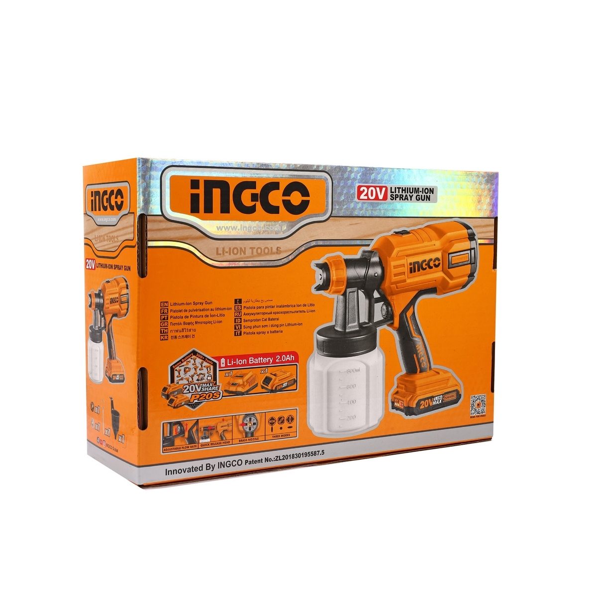 INGCO 20V กาพ่นสีไร้สาย รุ่น CSGLI20406 แรงดันในการพ่นสี 0.1-0.2 บาร์ ความจุกระบอก 800 มล. พร้อมแบตเตอรี่ (อิงโก้)