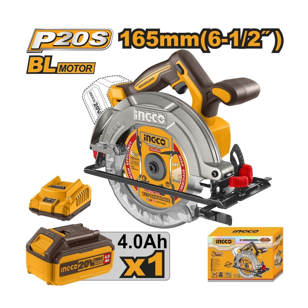 INGCO 20V-BL เลื่อยวงเดือนไร้สาย 6 นิ้ว (165 มม.) รุ่น CSLI16521 ความเร็วรอบ 5200RPM รวมแบตเตอรี่และแท่นชาร์จ (อิงโก้)