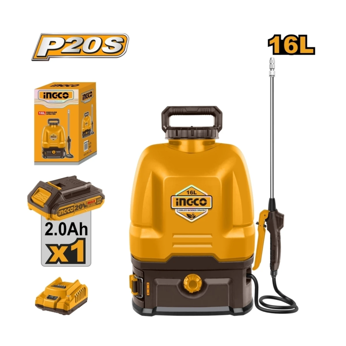 INGCO เครื่องพ่นยาไร้สาย 20V 16 ลิตร รุ่น CSPLI2016 (พร้อมแบตเตอรี่ 2.0AH) แรงดัน 5 บาร์ ควบคุมความเร็ว 2 ระดับ (อิงโก้)