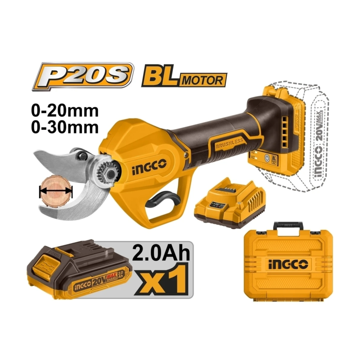 INGCO กรรไกรตัดกิ่งไร้สาย 20 โวลต์ รุ่น CSSLI203083 มอเตอร์ Brushless สามารถตัดได้ 20-30 มม. พร้อมแท่นชาร์จ (อิงโก้)