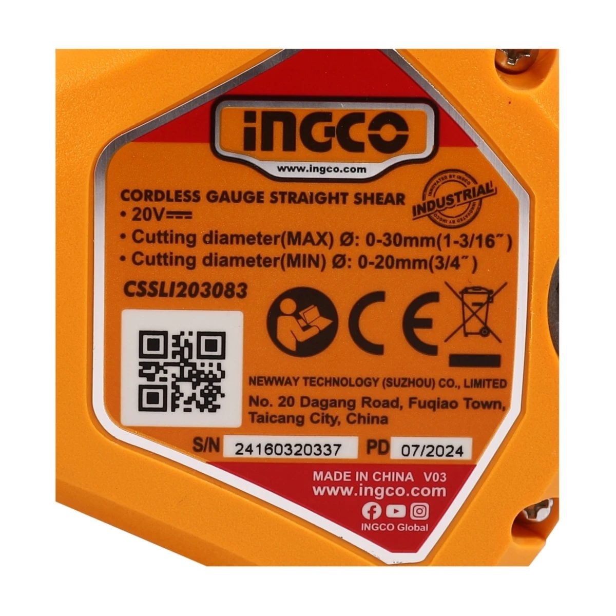 INGCO กรรไกรตัดกิ่งไร้สาย 20 โวลต์ รุ่น CSSLI203083 มอเตอร์ Brushless สามารถตัดได้ 20-30 มม. พร้อมแท่นชาร์จ (อิงโก้)