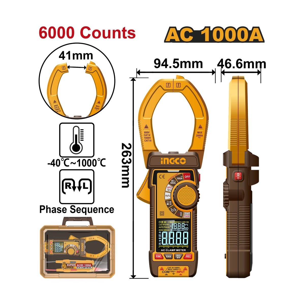 INGCO ดิจิตอลแคลมป์มิเตอร์ AC TRUE RMS รุ่น DCM610001 วัดกระแสไฟ AC 60A/600A/1000A (อิงโก้)