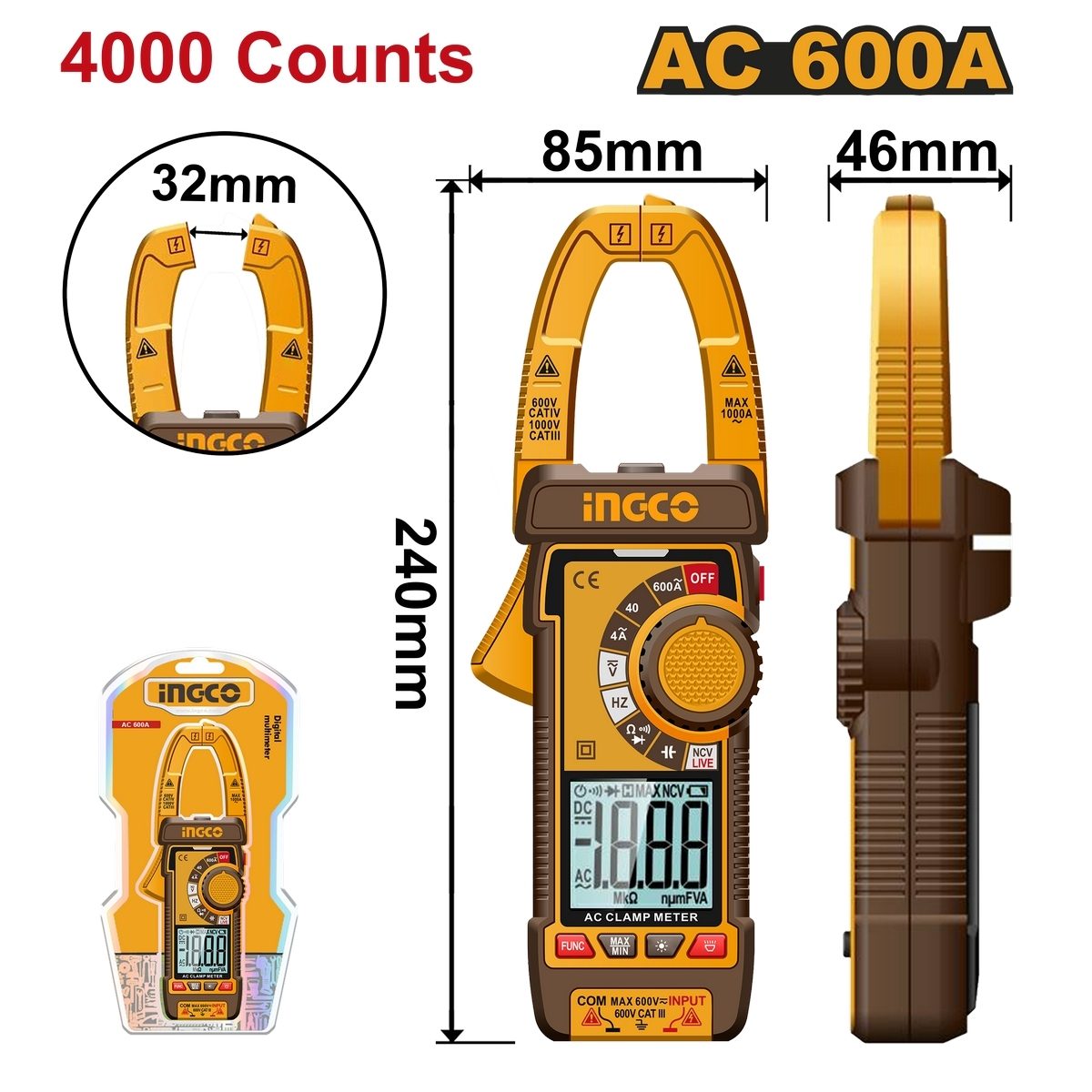 INGCO ดิจิตอลแคลมป์มิเตอร์ AC TRUE RMS รุ่น DCM66001 วัดกระแสไฟAC 4A/40A/600A แรงดันไฟฟ้าDC/AC 4V/40V/400V/600V (อิงโก้)
