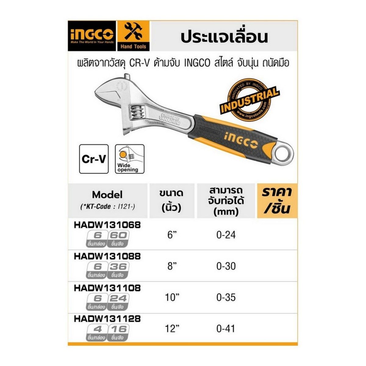 INGCO ประแจเลื่อน ขนาด 12 นิ้ว (300 มม.) รุ่น HADW131128 สามารถจับท่อได้ ขนาด 0-41 มม. ผลิตจากวัสดุเหล็กโครมวานาเดียม ( CR-V : Chrome Vanadi