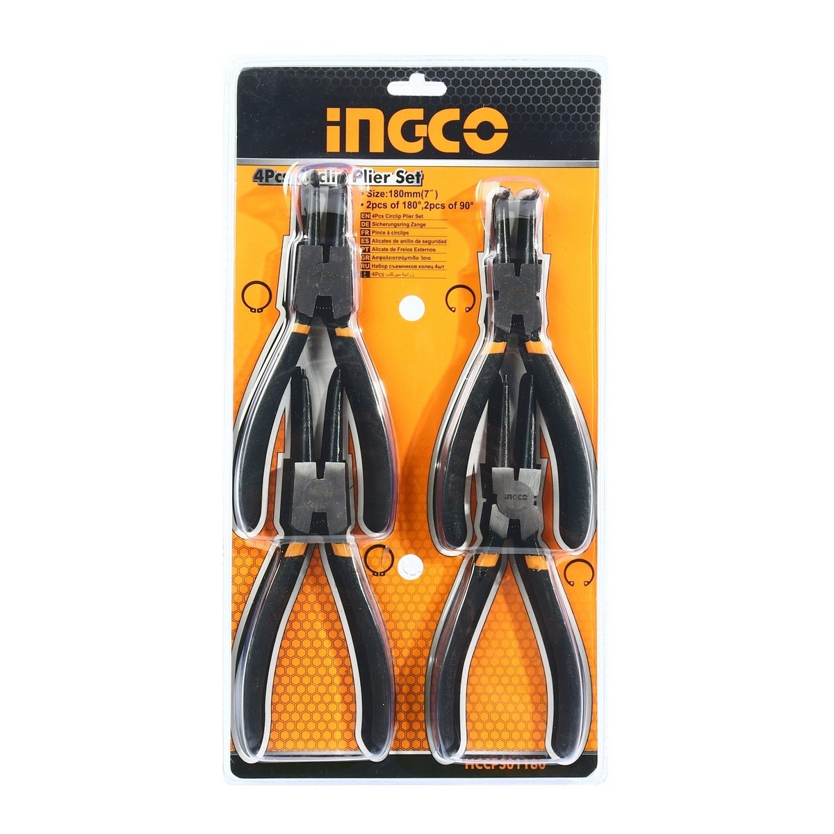 INGCO ชุดคีมหนีบแหวน ขนาด 7 นิ้ว (180 มม.) จำนวน 4 ชิ้น INGCO รุ่น HCCPS01180 ประกอบด้วย คีมหนีบแหวนปากตรง 180° 2 ชิ้น และ คีมหนีบแหวนปากงอ 
