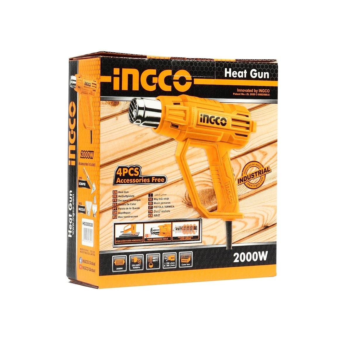 INGCO เครื่องเป่าลมร้อนไฟฟ้า 2,000 วัตต์ อุณหภูมิ 350-550°C รุ่น HG200038 แรงดันไฟ 220 โวลต์ การไหลของอากาศสูงสุด 500 ลิตร/นาที ปรับอุณหภูมิ