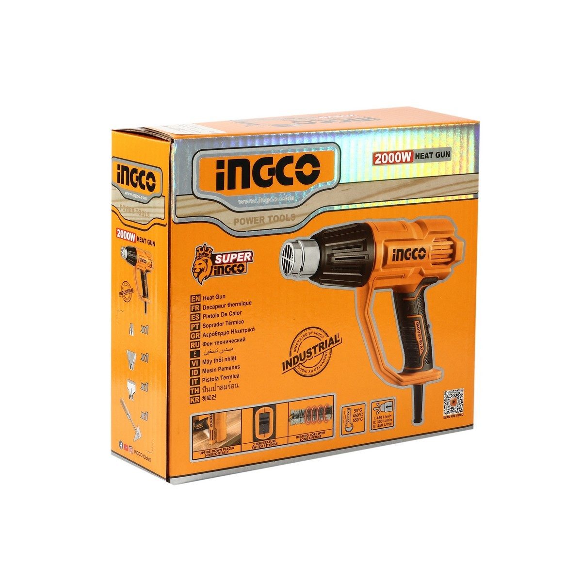 INGCO เครื่องเป่าลมร้อน 2000W รุ่น HG200078 แรงดัน 220-240 โวลต์ ตั้งค่าอุณหภูมิ 3 ระดับ พร้อมอุปกณ์ 4 ชิ้น (อิงโก้)