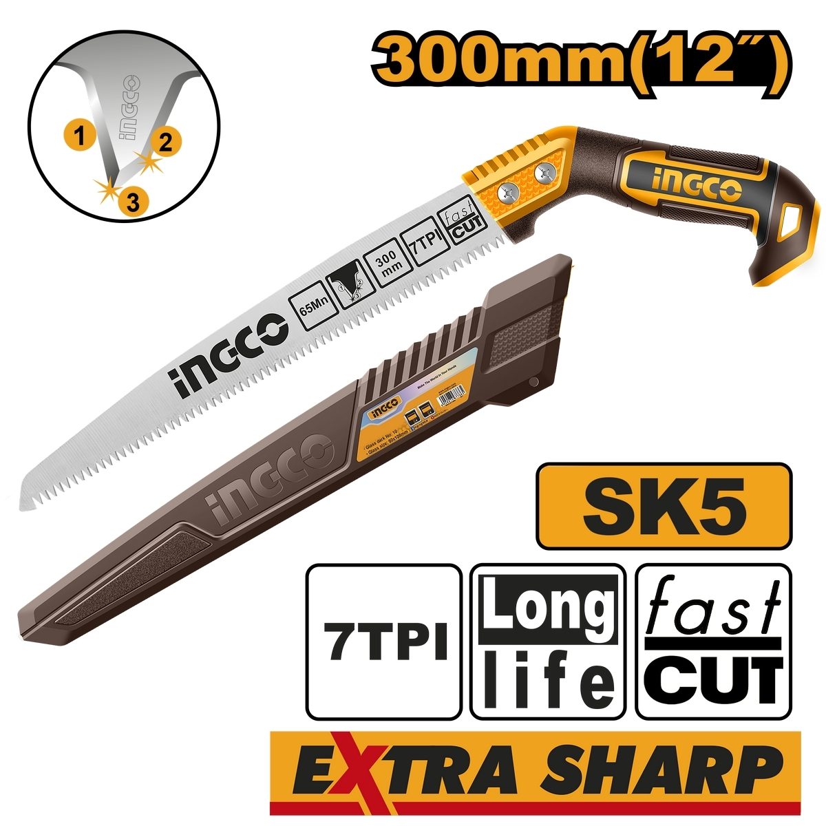 INGCO เลื่อยตัดไม้ 300 มม. (12 นิ้ว) รุ่น HPS3006 จำนวนฟัน 7TPI ความคมฟัน 3 มุม ช่วยให้ตัดได้แม่นยำ และรวดเร็ว (อิงโก้)
