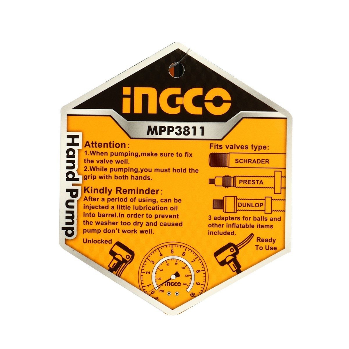 INGCO ที่สูบลมยาง พร้อมเกจวัดแรงดัน ขนาด 38 X 500 มม. รุ่น MPP3811 หัวสูบลม สูบได้ทั้งหัวใหญ่แบบ AV และหัวเล็กแบบ FV ด้ามจับพลาสติก (อิงโก)